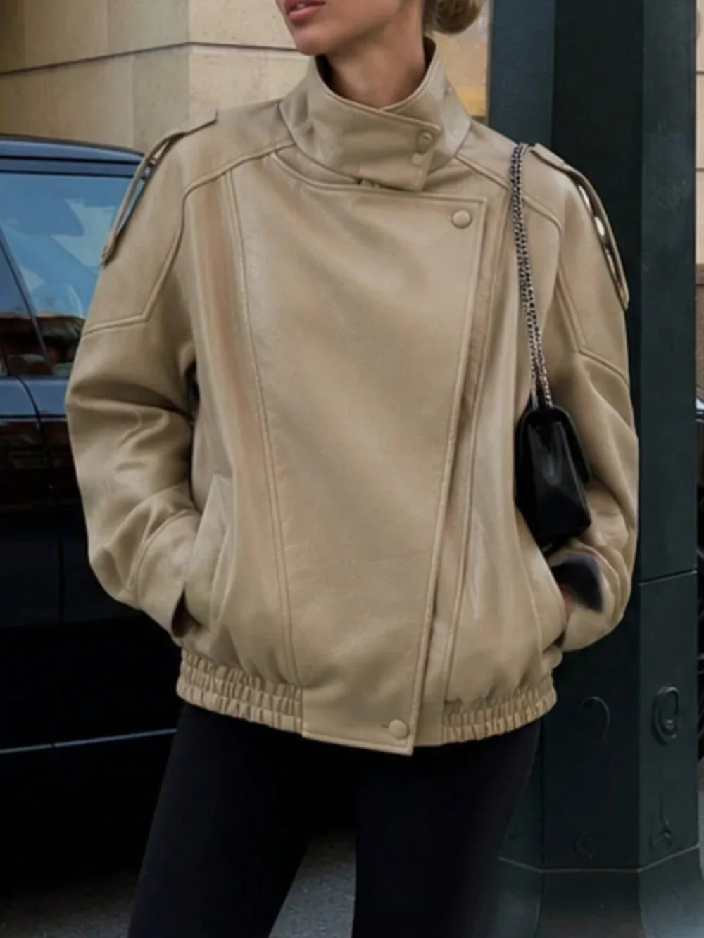 Khaki Casual Women's Oversized High Collar Faux Leather Jacket